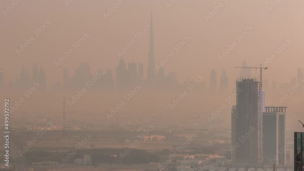 Dubai Downtown skyline row of skyscrapers with tallest tower aerial morning timelapse. UAE Dubai Downtown skyline row of skyscrapers with tallest tower aerial morning timelapse. UAE