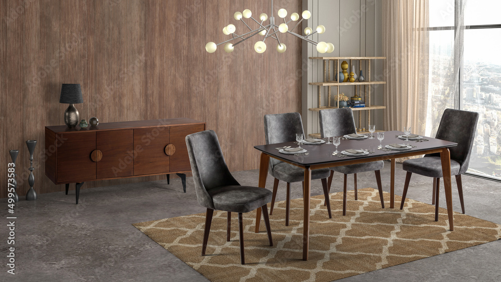 3D Rendering . Modern dining room with console