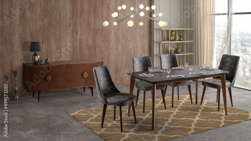 3D Rendering . Modern dining room with console © Tohid Hashemkhani