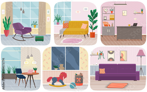 Set of illustrations on theme of interior design decoration and layout of living room. Arrangement of furniture and installation of sofa at home with various accessories in kitchen and sitting-room