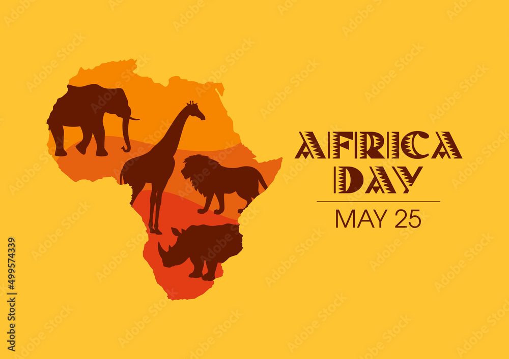 Africa Day Poster with african continent and animals vector. Animals of africa silhouette vector. African Liberation Day, May 25. Important day - obrazy, fototapety, plakaty 