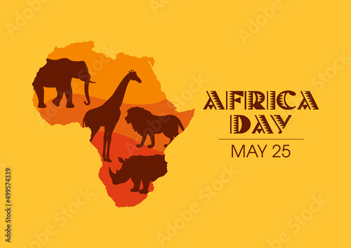 Africa Day Poster with african continent and animals vector. Animals of africa silhouette vector. African Liberation Day, May 25. Important day