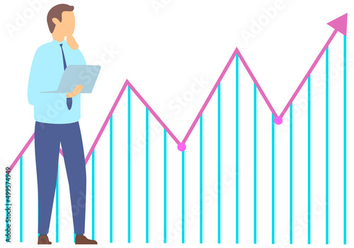 Man standing next to flipchart with diagram. Presentation board with statistical data. Business report showroom with poster and lecturer. Businessman demonstrates results of statistical research