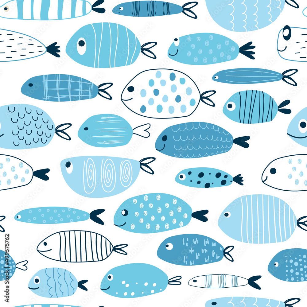 funny fishes seamless childish pattern. Creative scandinavian baby print for fabric, scrapbooking, packaging, textile, wallpaper, clothes. Vector cute illustration background, hand drawn