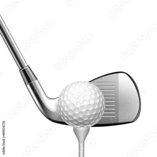 Golf Club And Ball On Tee Sport Equipment Vector. Iron Golf Club And Sphere Player Accessories For Playing On Field. Metallic Tool For Active Recreation Time Outside Template Realistic 3d Illustration
