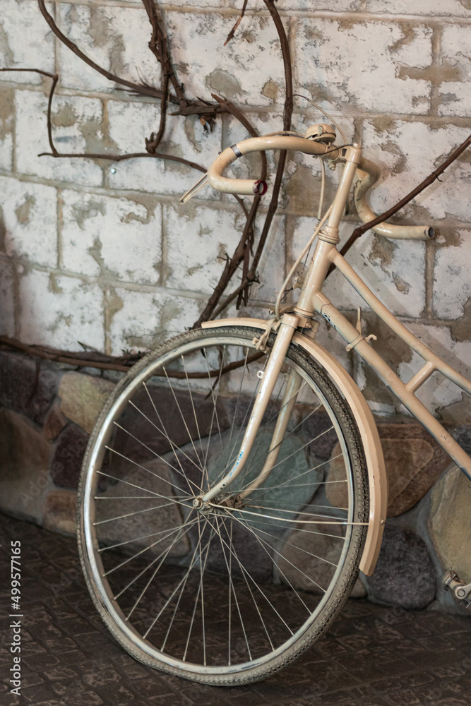 Retro bike is beige indoors. Photo of an old bicycle as an element of the interior