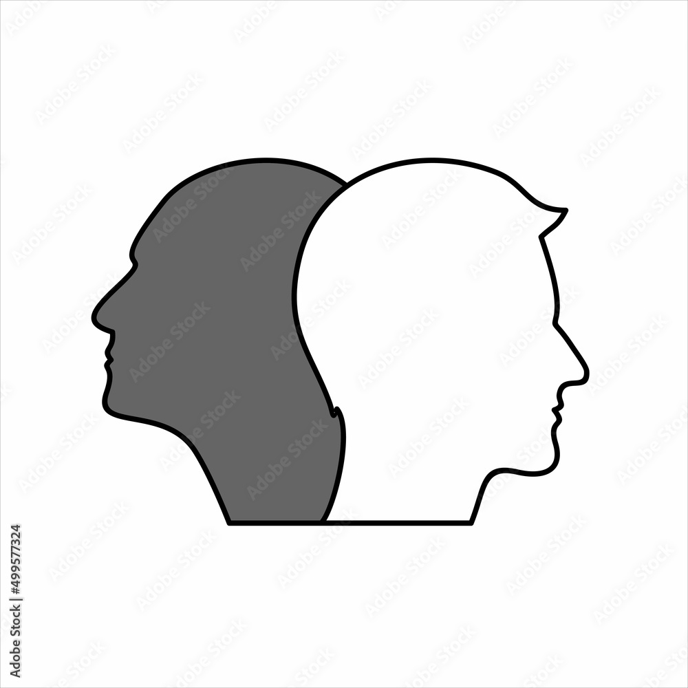Two white and black head silhouettes  background. Psychology, diversity, tolerance and opposites concept.