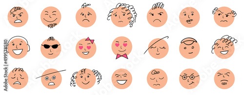 Cartoon cute and funny faces with positive and negative emotions. photo