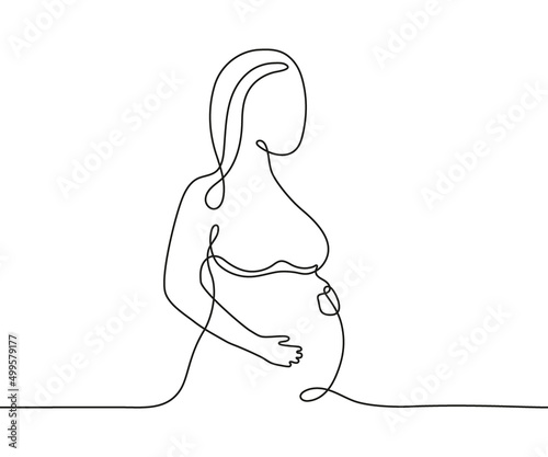 Pregnant woman, continuous art line one drawing. Pregnancy woman, expectant mother. Single outline minimalist draw. Vector contour illustration