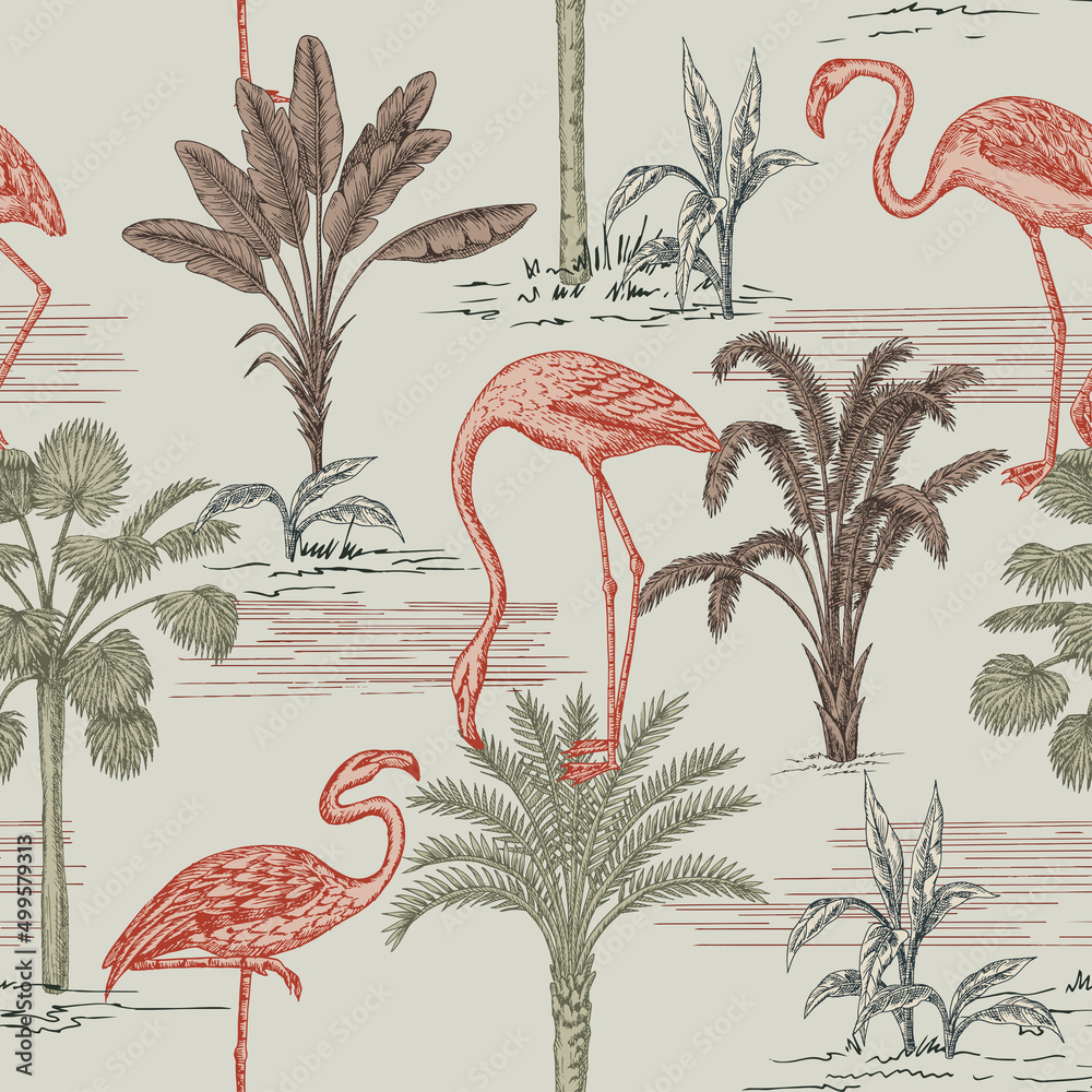 Tropical ink drawn palm trees, plants, pink flamingo summer floral seamless pattern.Exotic jungle toile wallpaper.