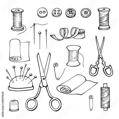 Hand drawn sewing tools. Thread, needle, pins, scissors, buttons. Vector illustration