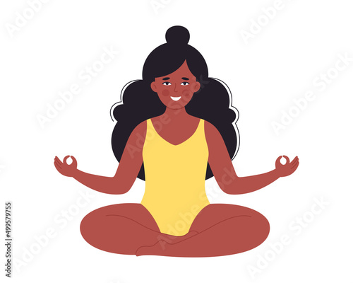 Black woman meditating in swimsuit. Healthy lifestyle, yoga, relax, breathing exercise. Hello summer. Hand drawn vector illustration