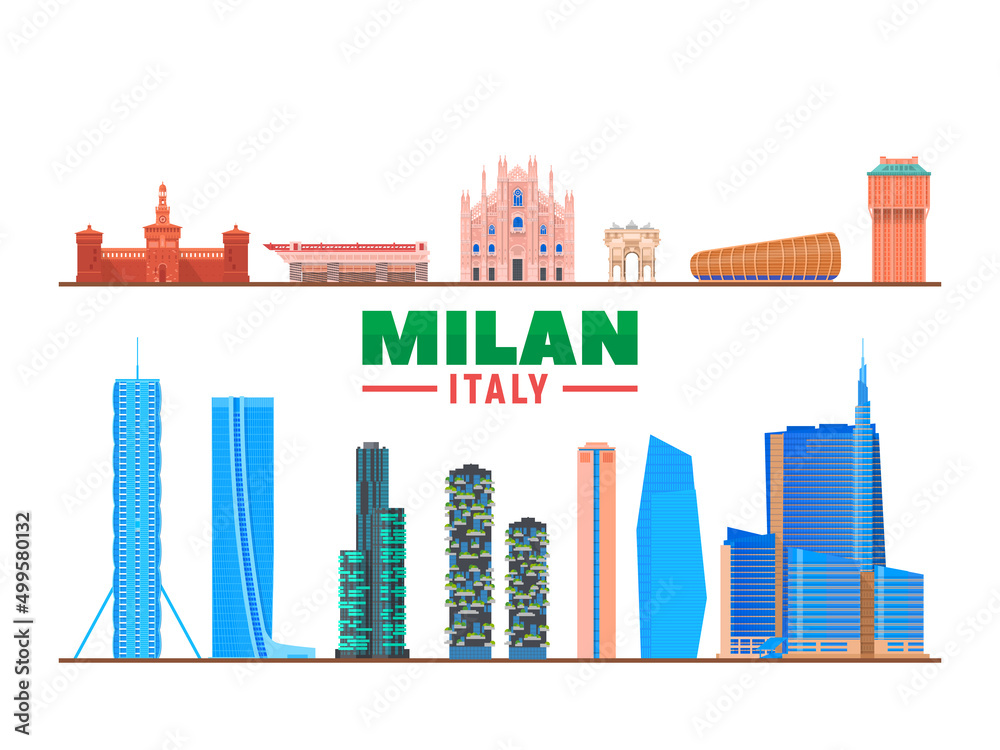 Milan ( Italy) landmarks in white background. Vector Illustration. Business travel and tourism concept with modern buildings. Image for banner or website.
