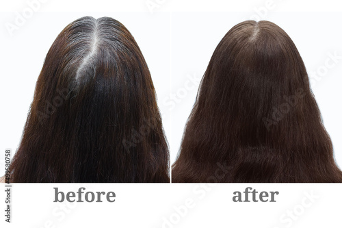 Gray hair on the crown of woman's head. Hair coloring. Before and after.