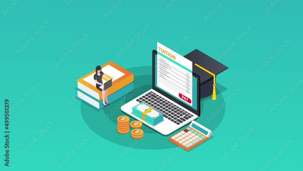 Female student using laptop to paying tuition fee Female student using laptop to paying tuition fee
