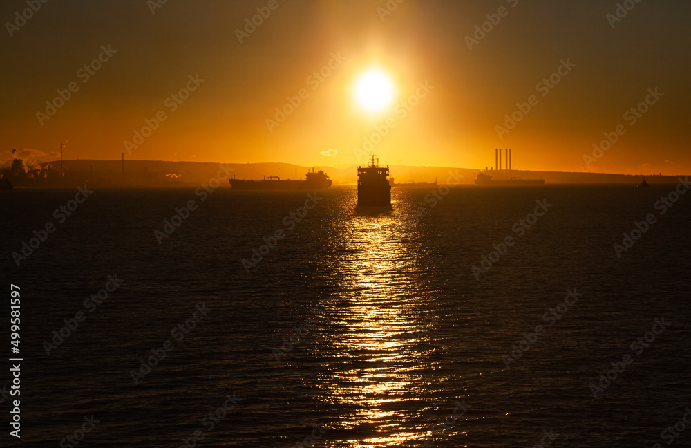 Ships at sea near the coast on the horizon in the yellow light of the setting sun.
