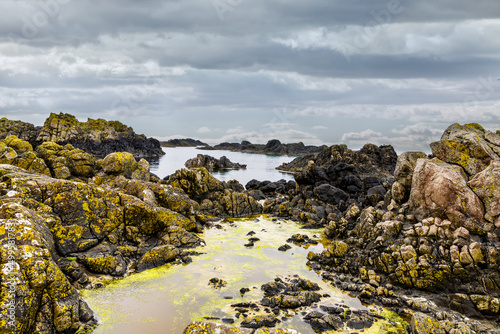 Area of Ballintoyat the Antrim Coast, Northern Ireland. Harsh Irish landscape and coastline, part of Wild Atlantic Way.