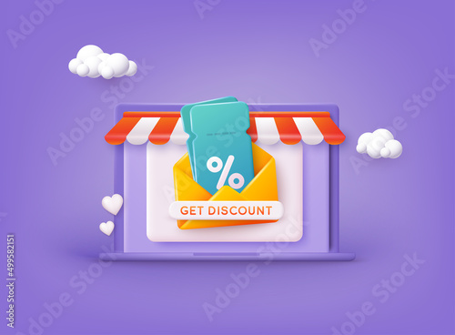 Discount. Store special offers advertisement. Markdown program, loyalty program, promotional mix metaphors. 3D Web Vector Illustrations.
