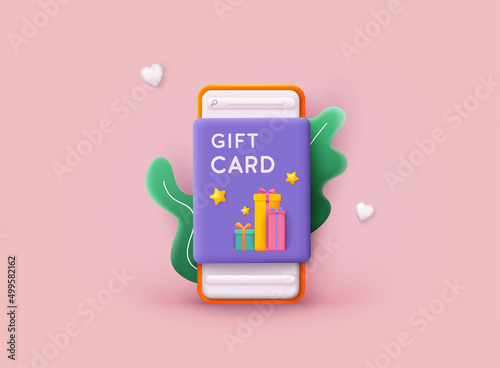 Gift card and promotion strategy, gift voucher, discount coupon and gift certificate concept. Hand holding mobile smart phone with shopp app. 3D Web Vector Illustrations.