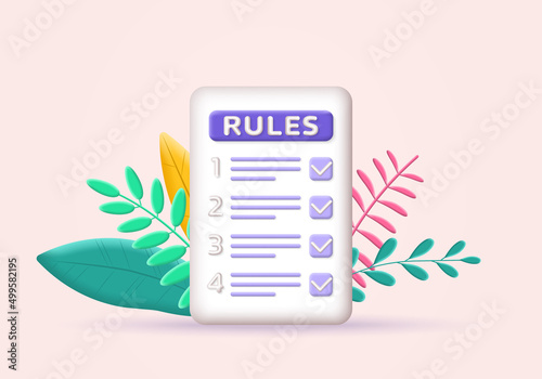 Rules list 3d icon. Regulation, company compliance, law checklist with check marks. Business rule, agreement concept. Vector illustration.