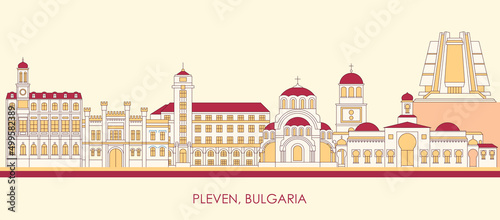 Cartoon Skyline panorama of city of Pleven, Bulgaria - vector illustration