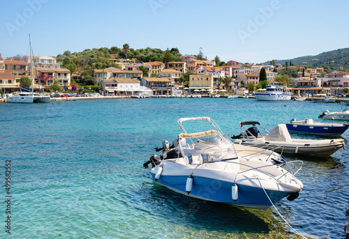 Beautiful bay with boats, Kassiopi village Corfu island, Greece