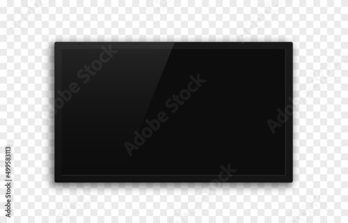 Vector realistic TV mockup. PNG TV with blank black screen. Wall panel with black screen. Screen resolution 2k, 4k, 6k.