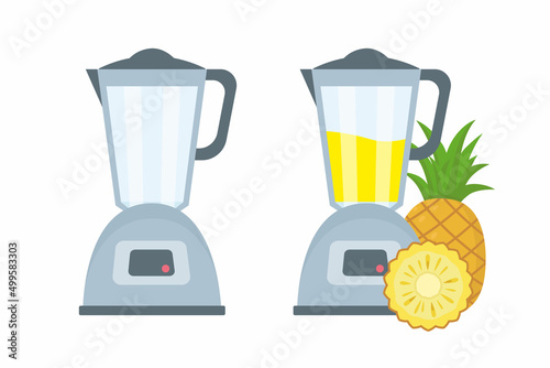 Blender and working blender with pineapple juice. Blender with pineapple. Vector illustration in cartoon style