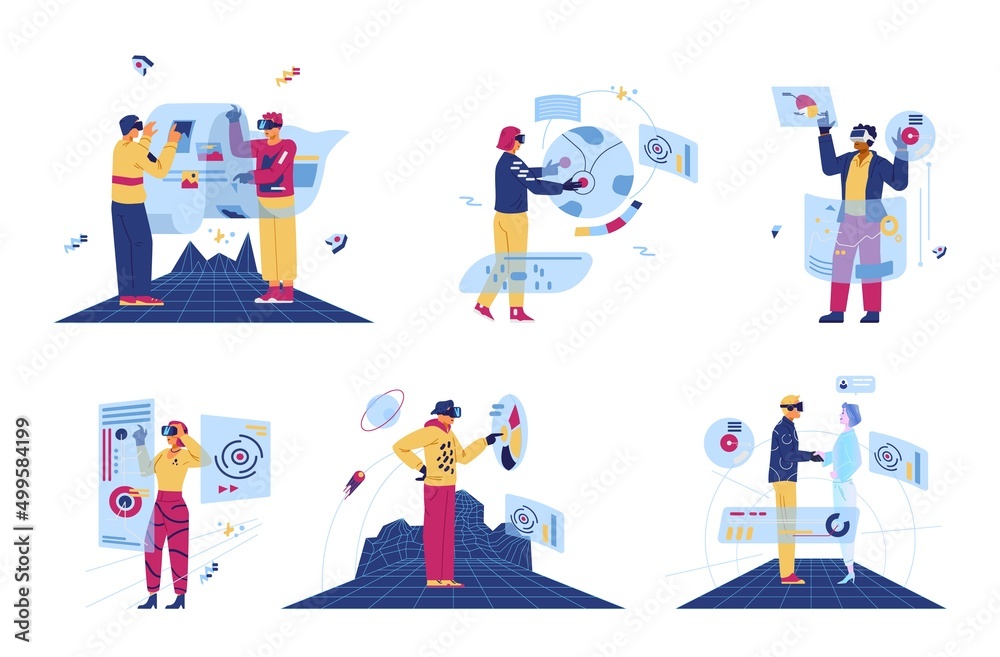 People in Metaverse flat vector illustrations set. Men and women in VR glasses working, reading news, dealing with crypro currency, meating with colleague in virtual reality.