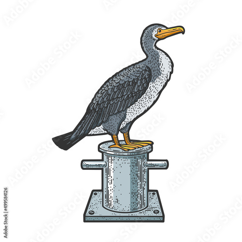 Slika na platnu cormorant bird on mooring bollard bitt color sketch engraving raster illustration
