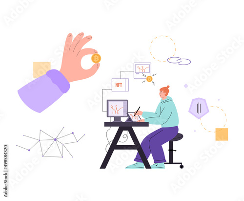 NFT non-fungible token marketplace, flat vector illustration isolated.