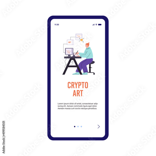 Crypto art onboarding mobile page design, flat cartoon vector illustration.