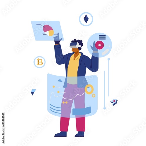African american man working in virtual realty flat vector illustration. Man in VR headsetand gloves standing among hologram screens with charts.