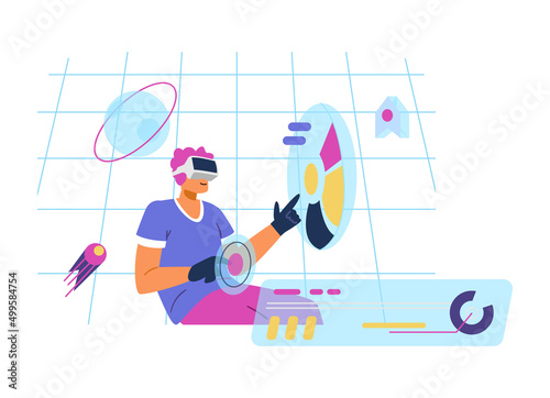 Metaverse in different life spheres vector poster. Woma in VR headsets using metaverse for studies.