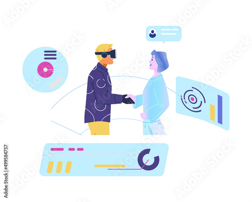 Business partners meeting in metaverse flat vector illustration. Man in VR headset shaking hand with hollogramic woman. Modern technologies in business concept.