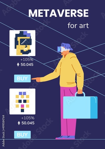 Man in VR headset in metaverse art gallery buying nft art flat vector illustration. Collector with briefcase with NFT portfolio in virtual art gallery. Investment in nft concept.