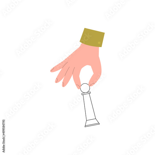 Human hand holding chess figure flat vector illustration isolated on white.