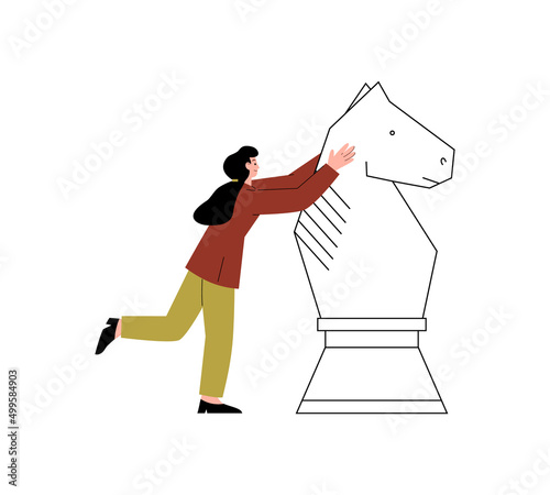 Woman moving horse chess piece, flat vector illustration isolated on white.