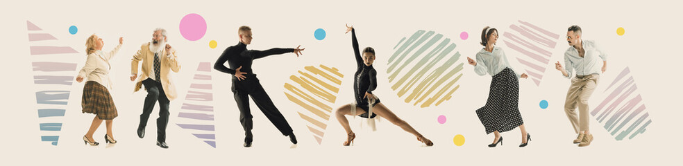 Contemporary art collage. Dancing couples in retro 70s, 80s styled clothes over light background with drawings. Concept of art, music, fashion.
