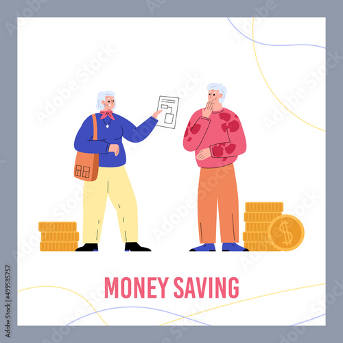 Money savings plan banner with retired pensioners, flat vector illustration.