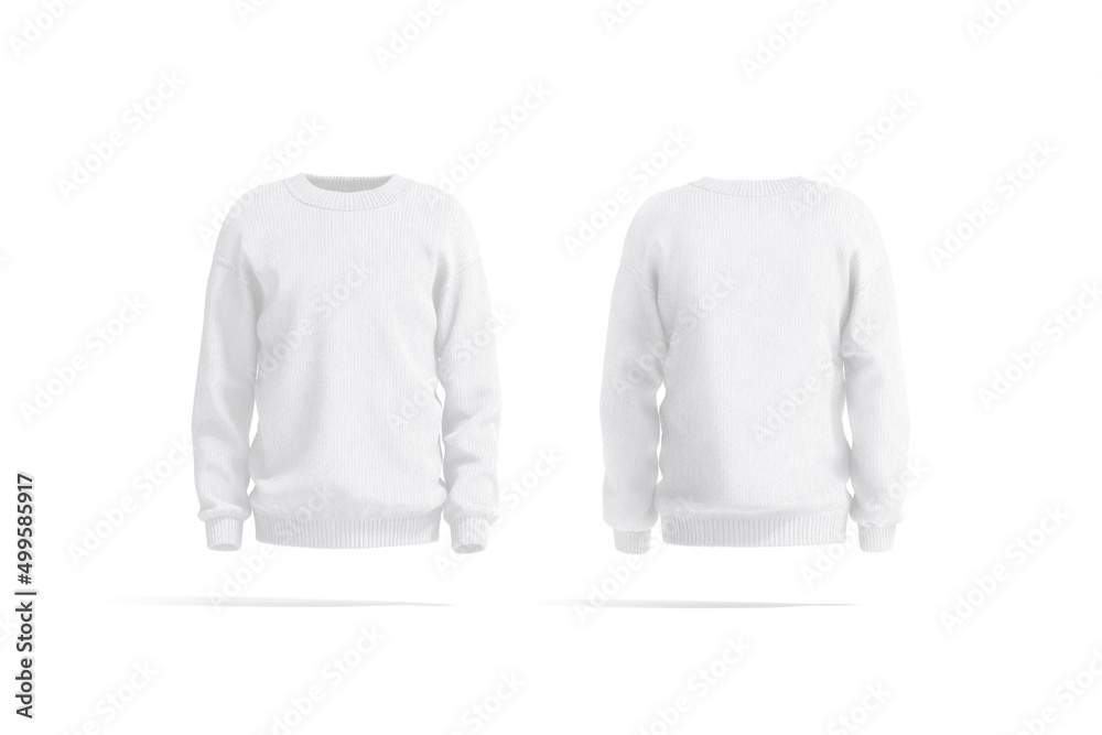 Blank white knitted sweater mockup front and back view Stock