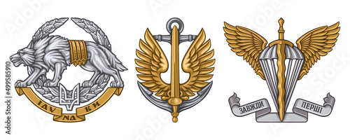 Valokuva Realistic vector emblems of the Ukraine Special Operations Forces, Marine Corps of Ukraine, Airborne Assault Troops