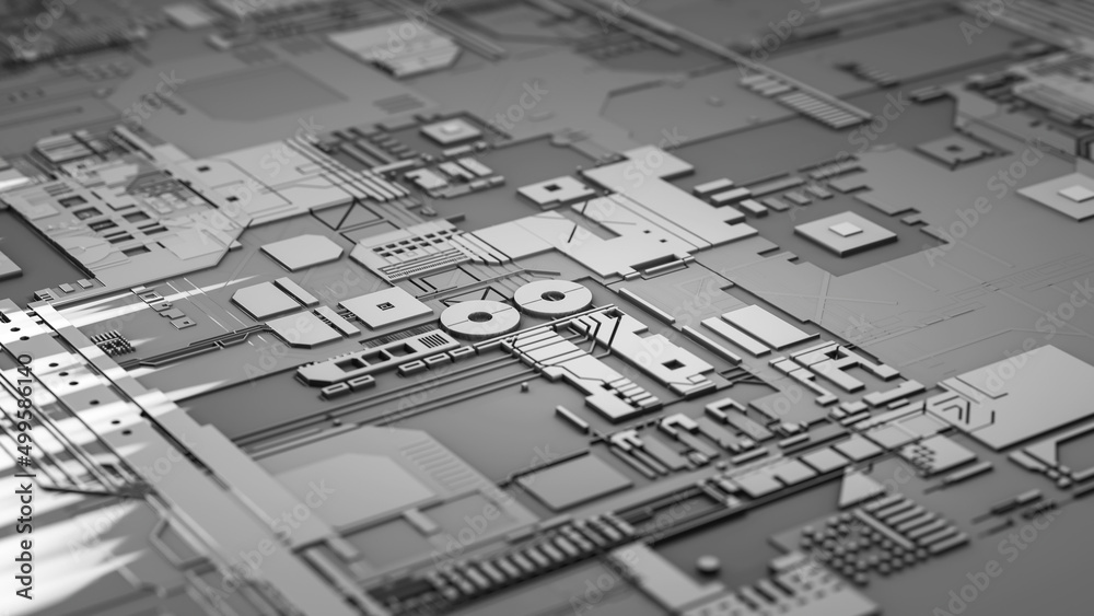 Macro view of a circuit metal board with reflection and light. Future and technology concept. 3d rendering - Illustration Macro view of a circuit metal board with reflection and light. Future and technology concept. 3d rendering - Illustration