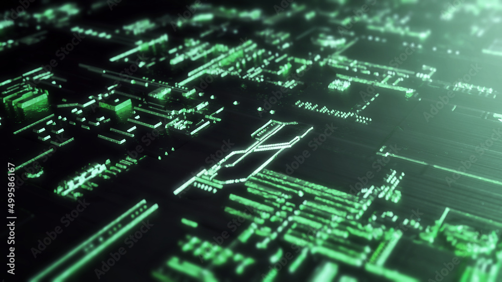 Macro view of a circuit metal board with reflection and light. Future and technology concept. 3d rendering - Illustration Macro view of a circuit metal board with reflection and light. Future and technology concept. 3d rendering - Illustration