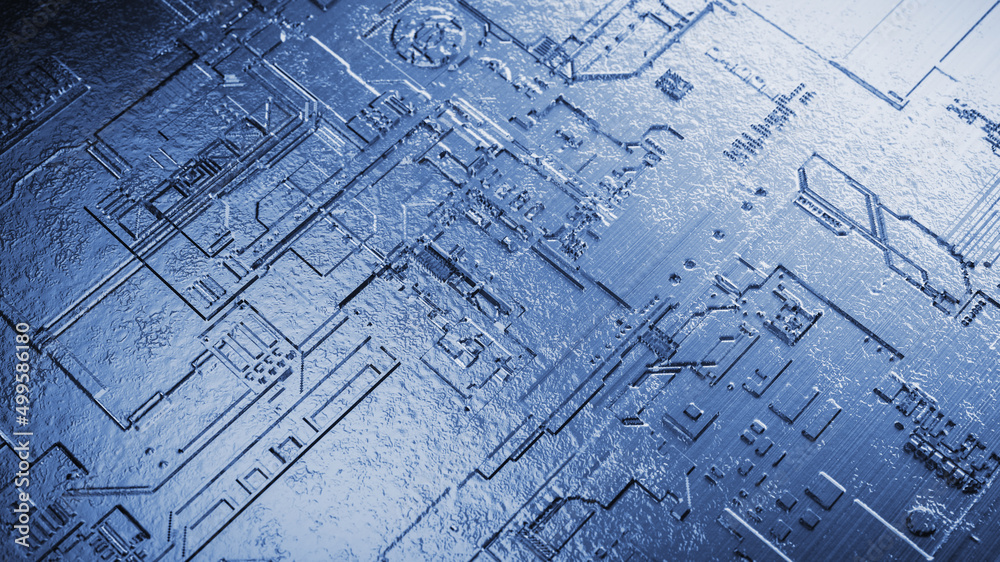 Macro view of a circuit metal board with reflection and light. Future and technology concept. 3d rendering - Illustration Macro view of a circuit metal board with reflection and light. Future and technology concept. 3d rendering - Illustration