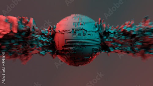 Spherical science fiction object with abstract elements pierced through. Motion blur caused by hyper speed movement. 3d illustration dedicated to popular sci-fi movies star wars and star trek