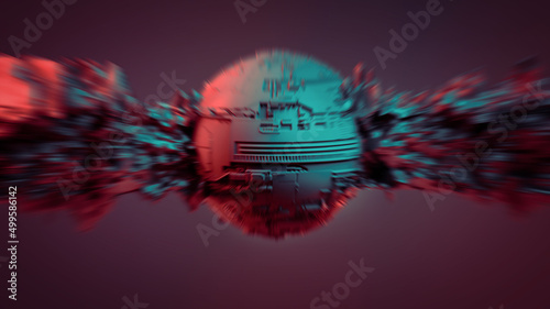 Spherical science fiction object with abstract elements pierced through. Motion blur caused by hyper speed movement. 3d illustration dedicated to popular sci-fi movies star wars and star trek