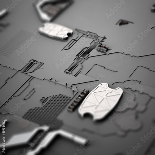 3d render, illustration of motherboard, silicon components, chip, big data, futuristic abstract concept of internet and information technology. Technology Background concept.