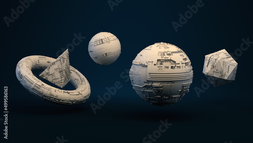 3d render. UFO spaceship concept. Science fiction objects. Simplified concept. Abstract illustration.