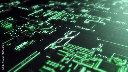 Macro view of a circuit metal board with reflection and light. Future and technology concept. 3d rendering - Illustration